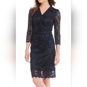 ALEX MARIE Grace Size 16 Navy Blue Lace Sheer Sleeve V-Neck Sequin Midi Dress